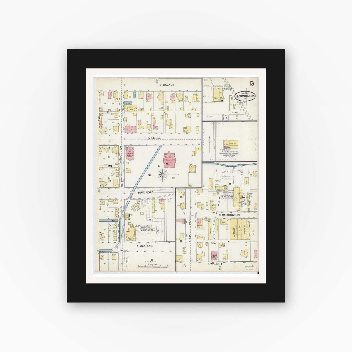 Old map wall art mockup — black gallery frame with white mat — Sanborn Fire Insurance Map from Bloomington, Monroe County, Indiana (1892), Sheet #0005