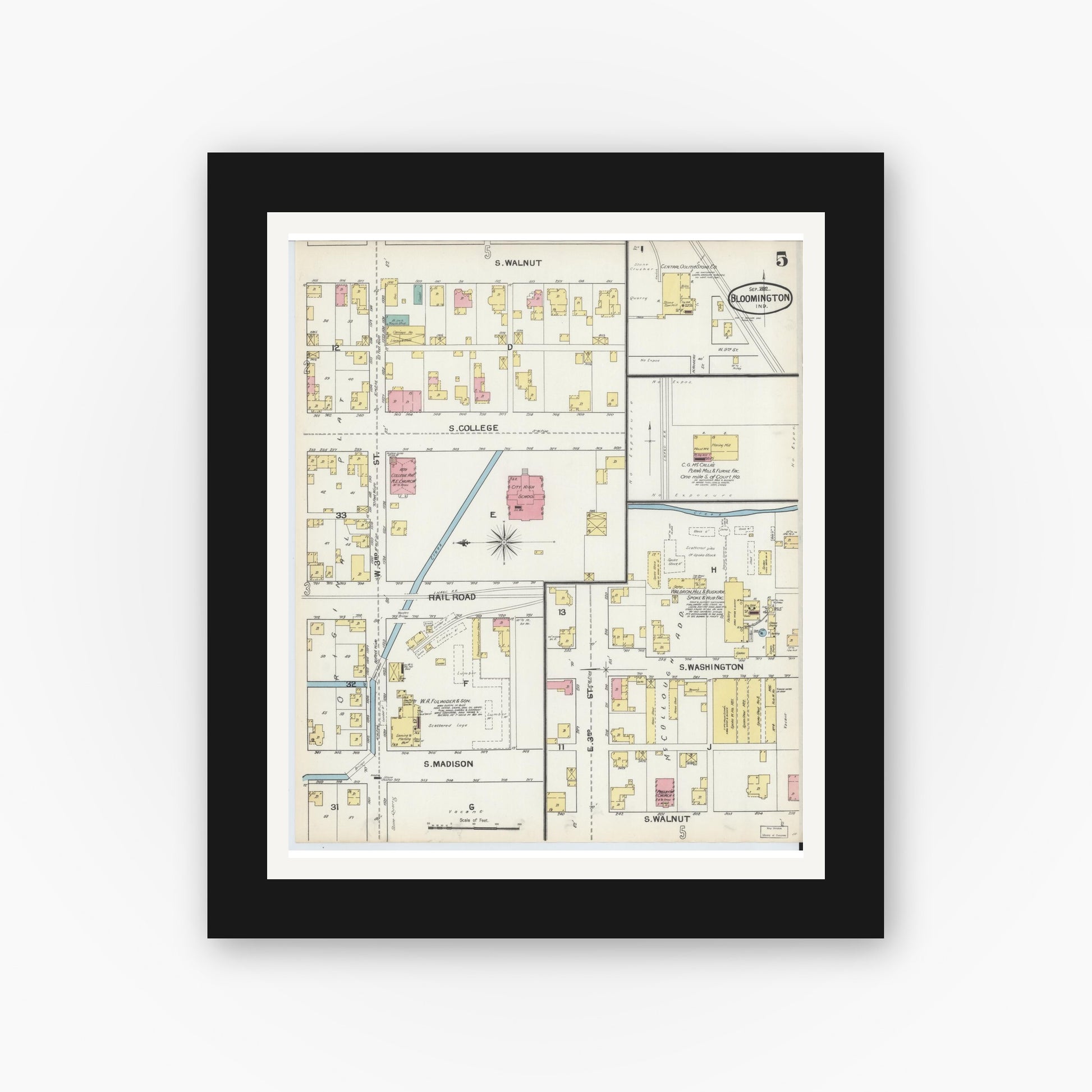 Old map wall art mockup — black gallery frame with white mat — Sanborn Fire Insurance Map from Bloomington, Monroe County, Indiana (1892), Sheet #0005