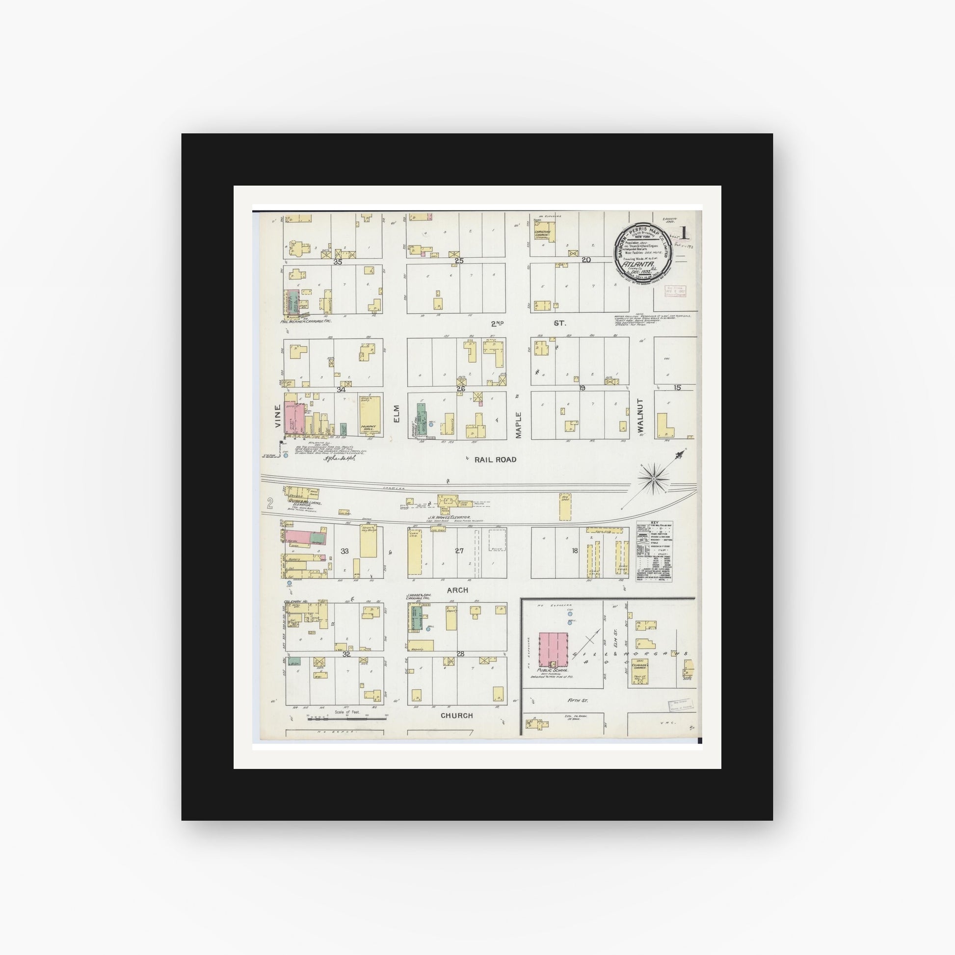 Old map wall art mockup — black gallery frame with white mat — Sanborn Fire Insurance Map from Atlanta, Logan County, Illinois (1892), Sheet #0001