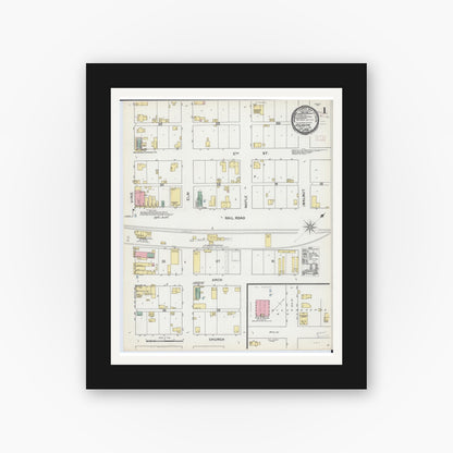 Old map wall art mockup — black gallery frame with white mat — Sanborn Fire Insurance Map from Atlanta, Logan County, Illinois (1892), Sheet #0001