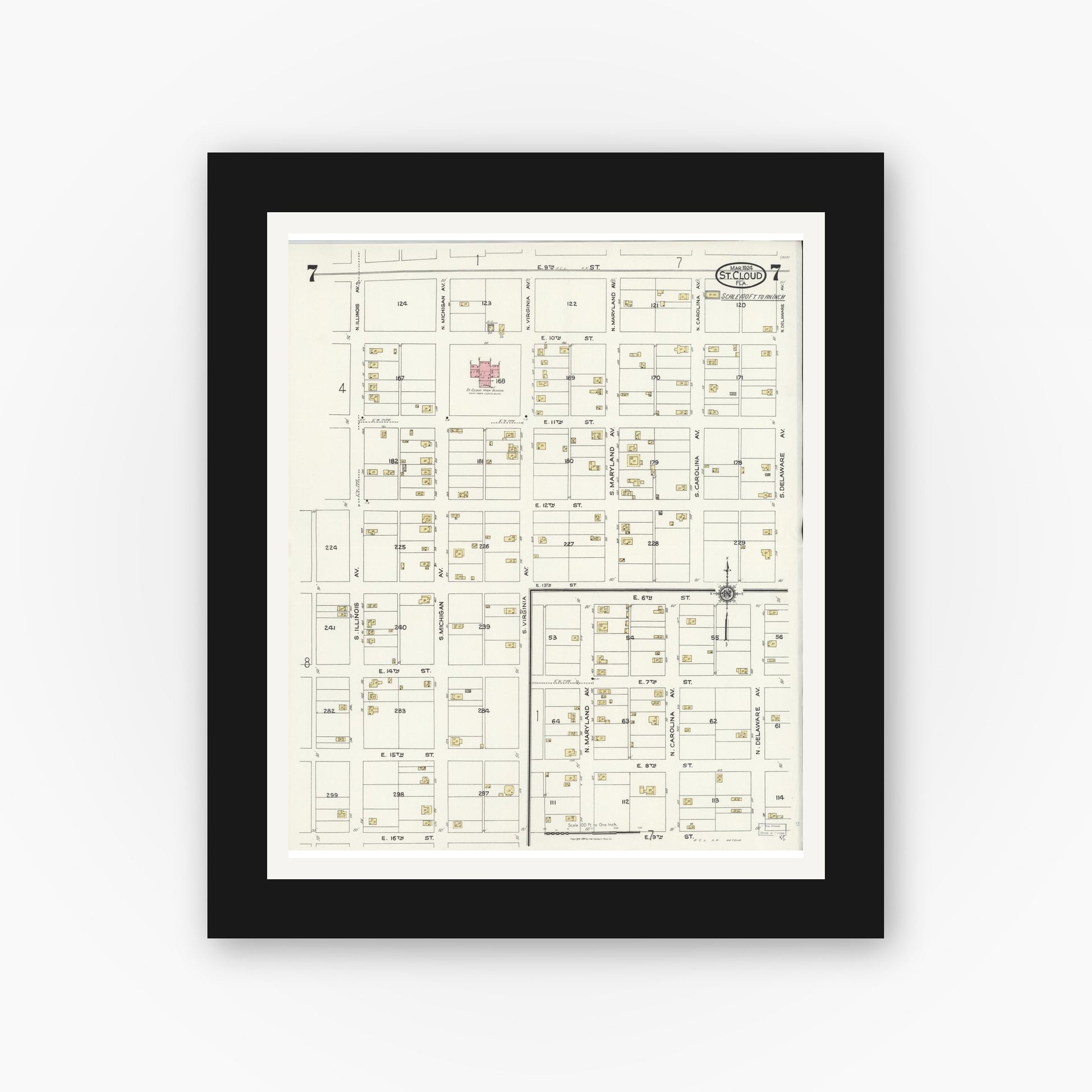 Old map wall art mockup — black gallery frame with white mat — Sanborn Fire Insurance Map from Saint Cloud, Osceola County, Florida (1924), Sheet #0007