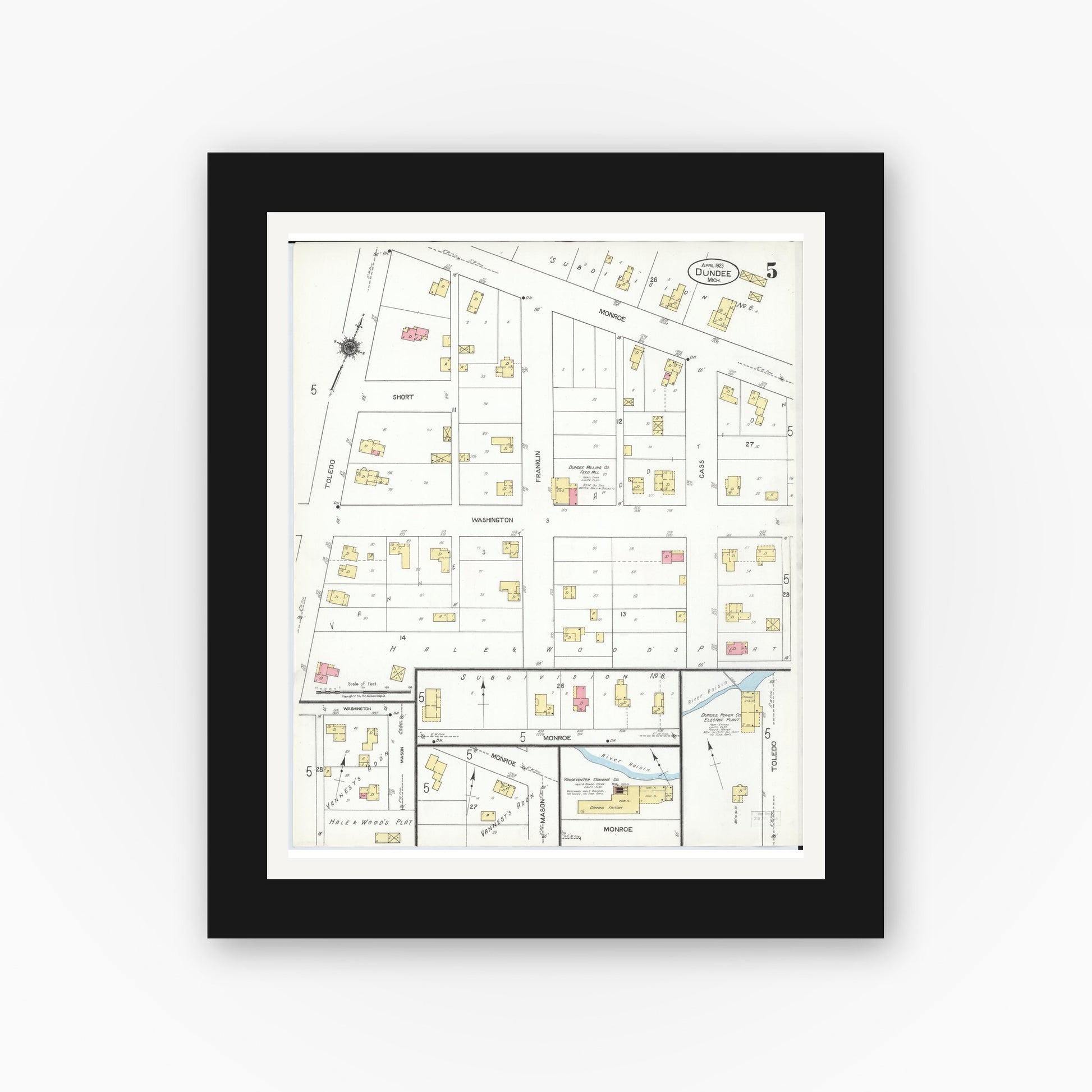 Old map wall art mockup — black gallery frame with white mat — Sanborn Fire Insurance Map from Dundee, Monroe County, Michigan (1923), Sheet #0005