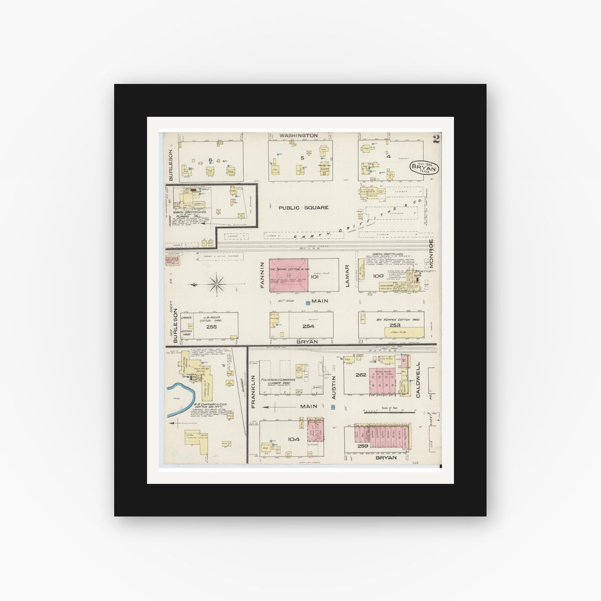 Old map wall art mockup — black gallery frame with white mat — Sanborn Fire Insurance Map from Bryan, Brazos County, Texas (1885), Sheet #0002