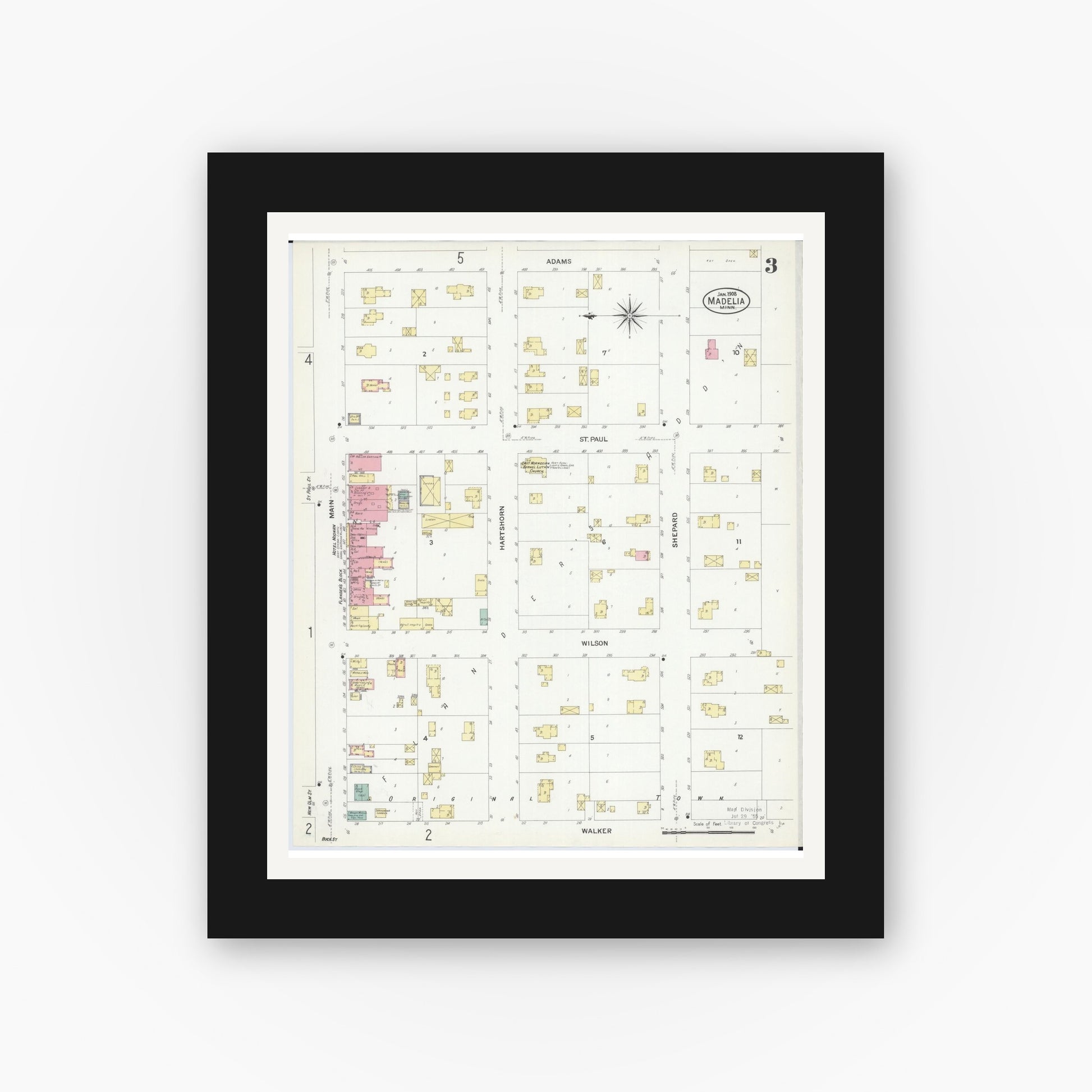 Old map wall art mockup — black gallery frame with white mat — Sanborn Fire Insurance Map from Madelia, Watonwan County, Minnesota (1908), Sheet #0003