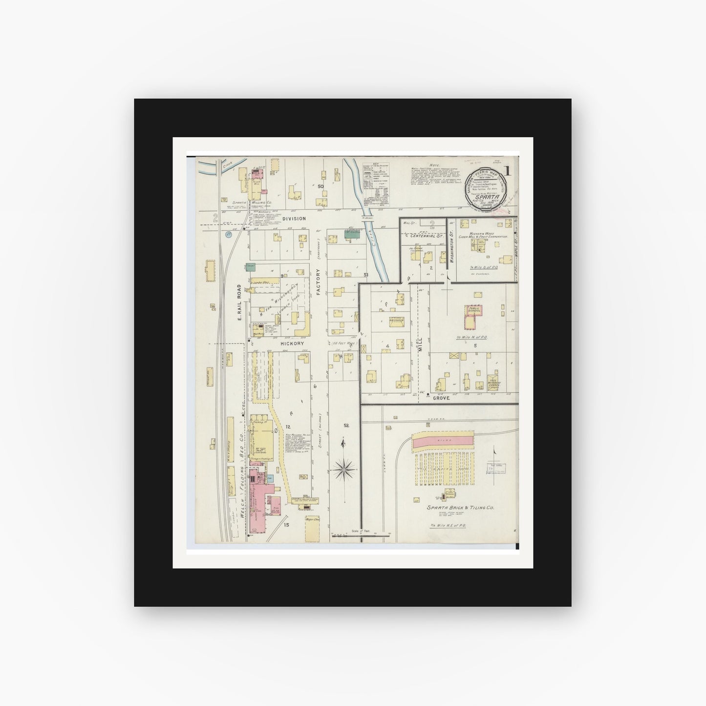 Old map wall art mockup — black gallery frame with white mat — Sanborn Fire Insurance Map from Sparta, Kent County, Michigan (1894), Sheet #0001