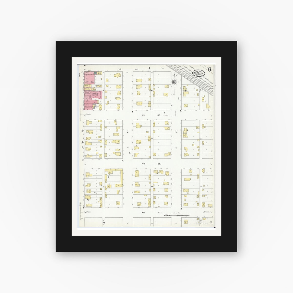 Old map wall art mockup — black gallery frame with white mat — Sanborn Fire Insurance Map from Wells, Faribault County, Minnesota (1909), Sheet #0006