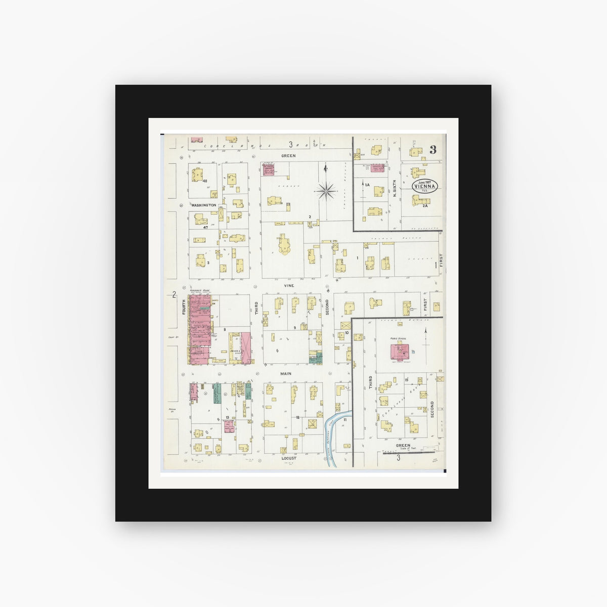 Old map wall art mockup — black gallery frame with white mat — Sanborn Fire Insurance Map from Vienna, Johnson County, Illinois (1907), Sheet #0003
