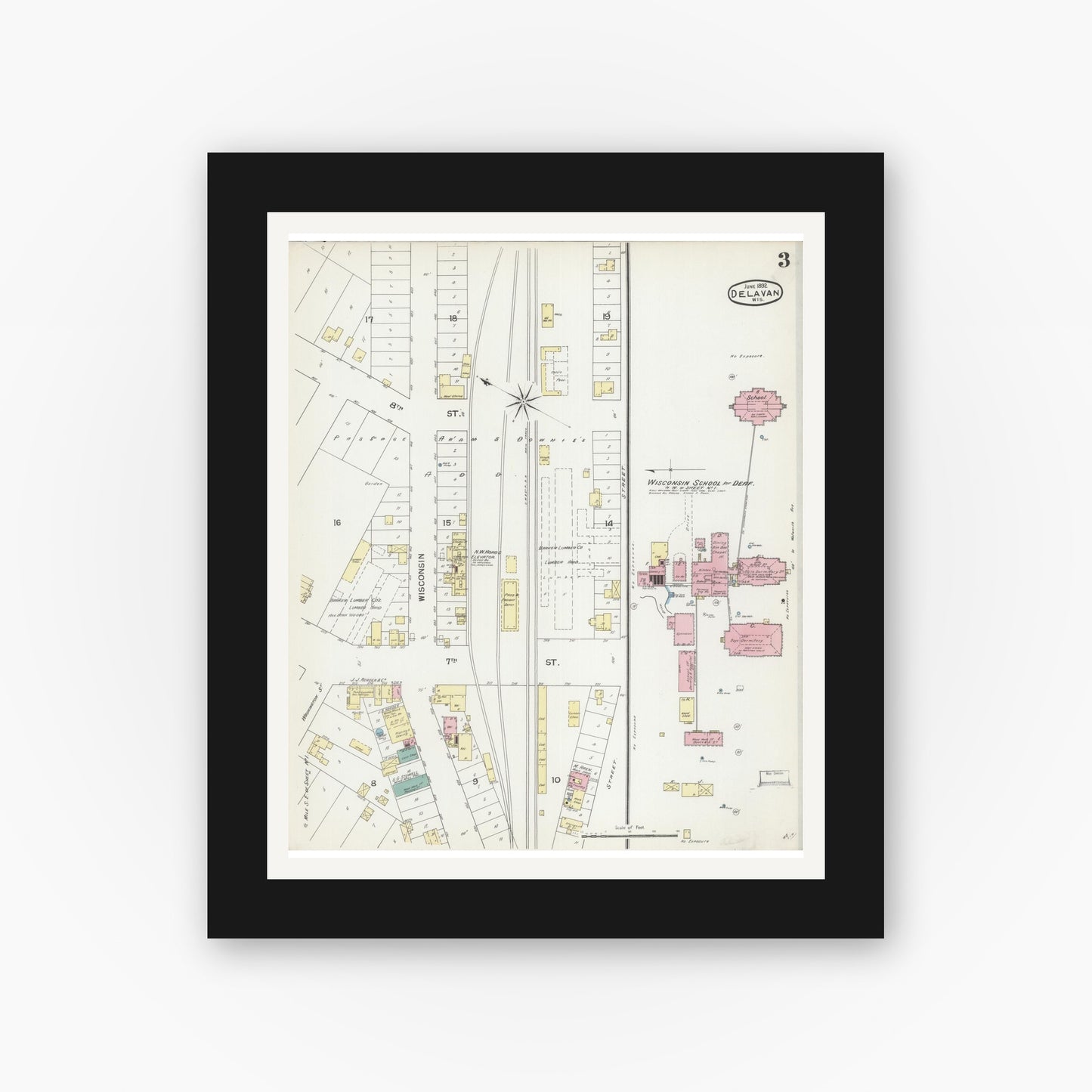 Old map wall art mockup — black gallery frame with white mat — Sanborn Fire Insurance Map from Delavan, Walworth County, Wisconsin (1892), Sheet #0003