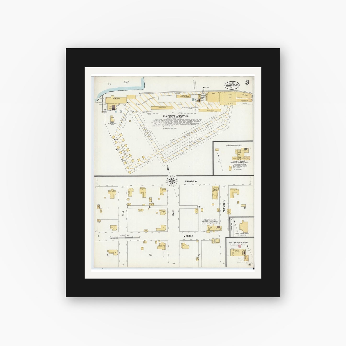 Old map wall art mockup — black gallery frame with white mat — Sanborn Fire Insurance Map from Winnsboro, Wood County, Texas (1899), Sheet #0003