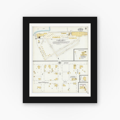 Old map wall art mockup — black gallery frame with white mat — Sanborn Fire Insurance Map from Winnsboro, Wood County, Texas (1899), Sheet #0003