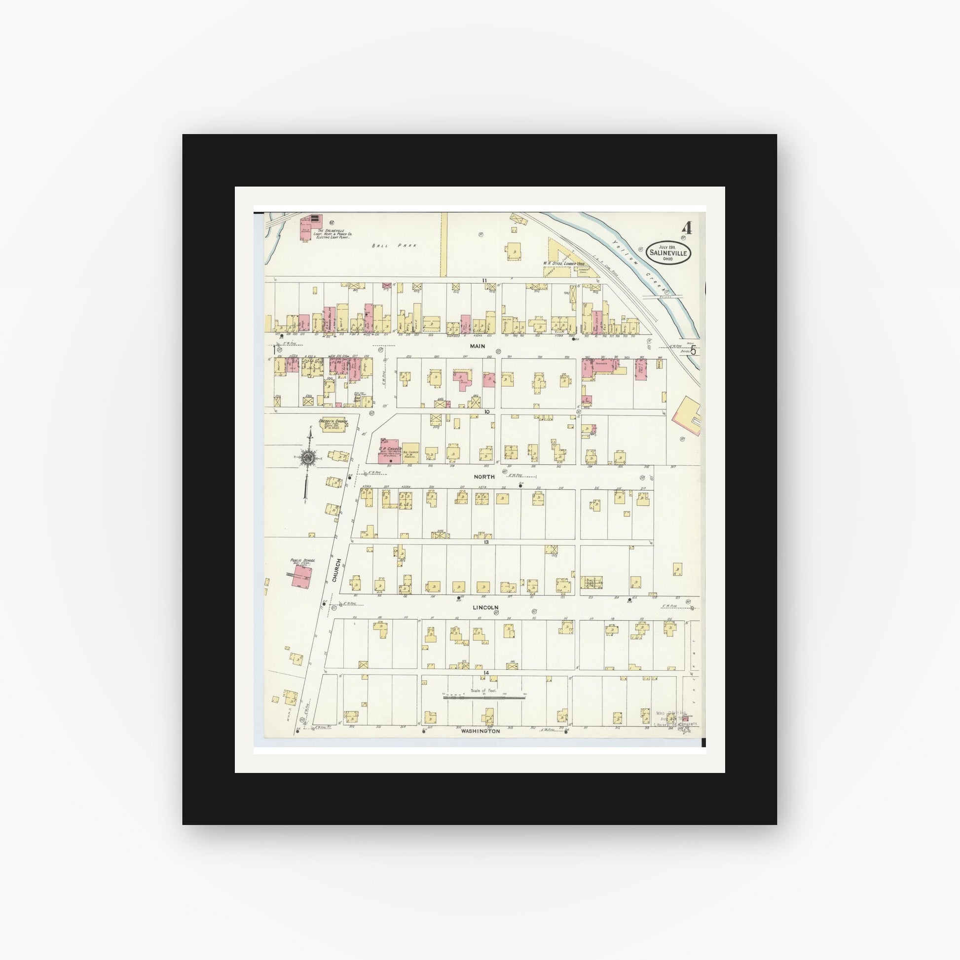 Old map wall art mockup — black gallery frame with white mat — Sanborn Fire Insurance Map from Salineville, Columbiana County, Ohio (1911), Sheet #0004