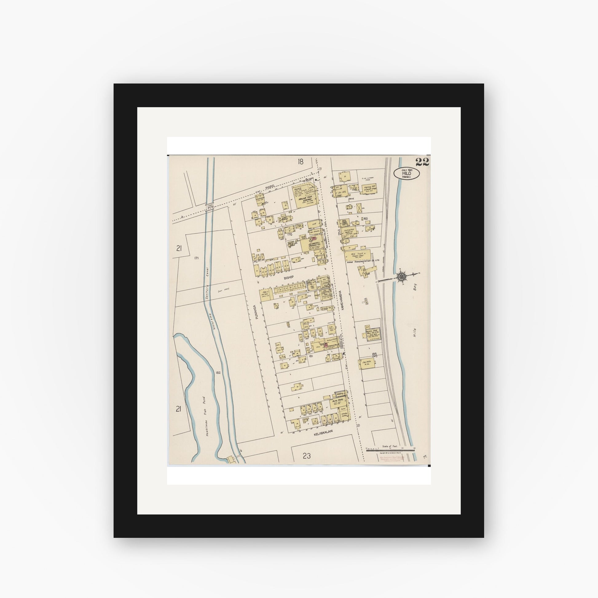 Old map wall art mockup — black gallery frame with white mat — Sanborn Fire Insurance Map from Hilo, Hawaii County, Hawaii (1921), Sheet #0022