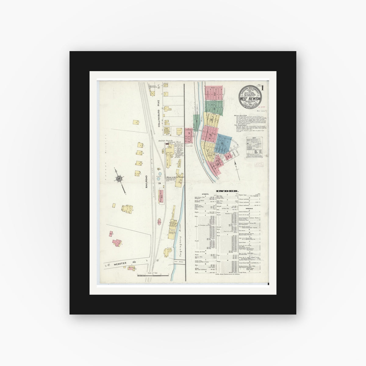 Old map wall art mockup — black gallery frame with white mat — Sanborn Fire Insurance Map from West Newton, Westmoreland County, Pennsylvania (1910), Sheet #0001