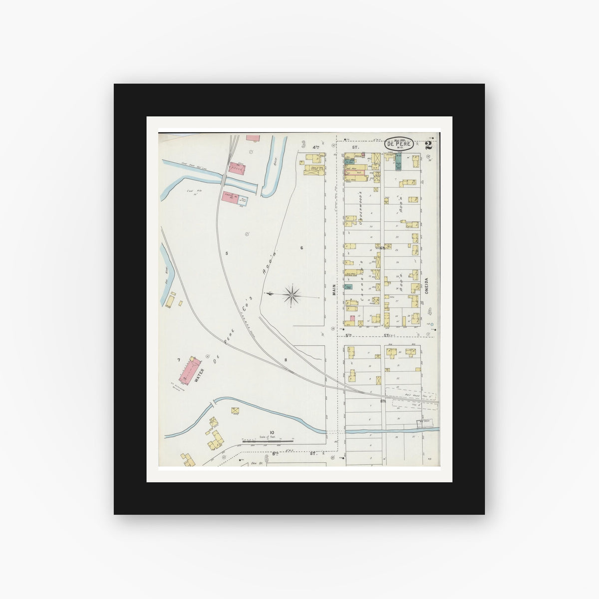 Old map wall art mockup — black gallery frame with white mat — Sanborn Fire Insurance Map from De Pere, Brown County, Wisconsin (1895), Sheet #0002