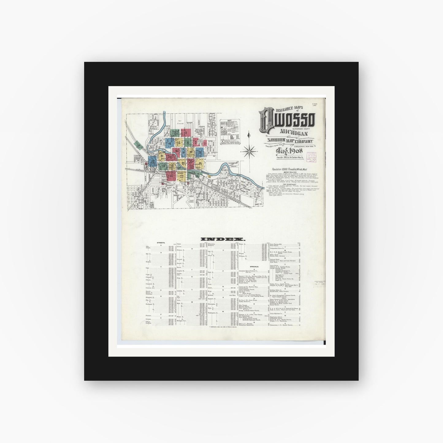Old map wall art mockup — black gallery frame with white mat — Sanborn Fire Insurance Map from Owosso, Shiawassee County, Michigan (1908) - Complete Map Set