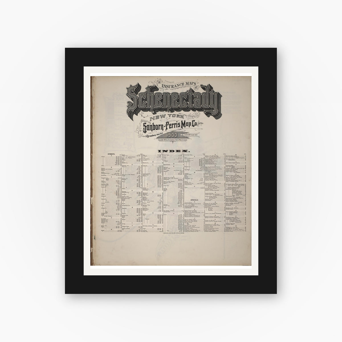 Old map wall art mockup — black gallery frame with white mat — Sanborn Fire Insurance Map from Schenectady, Schenectady County, New York (1900), Sheet #0001