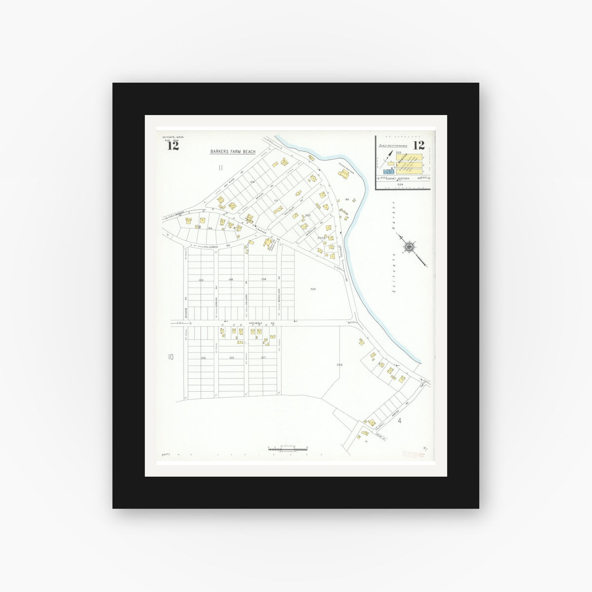 Old map wall art mockup — black gallery frame with white mat — Sanborn Fire Insurance Map from Scituate, Plymouth County, Massachusetts (1939), Sheet #0012