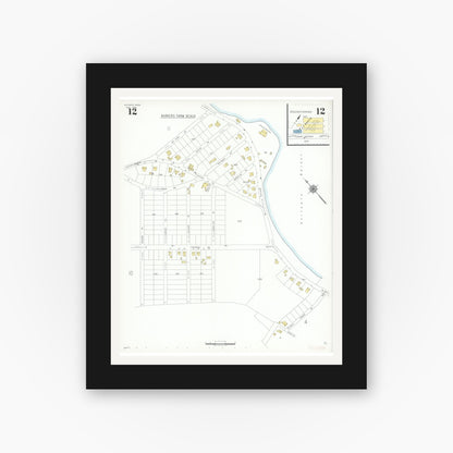 Old map wall art mockup — black gallery frame with white mat — Sanborn Fire Insurance Map from Scituate, Plymouth County, Massachusetts (1939), Sheet #0012