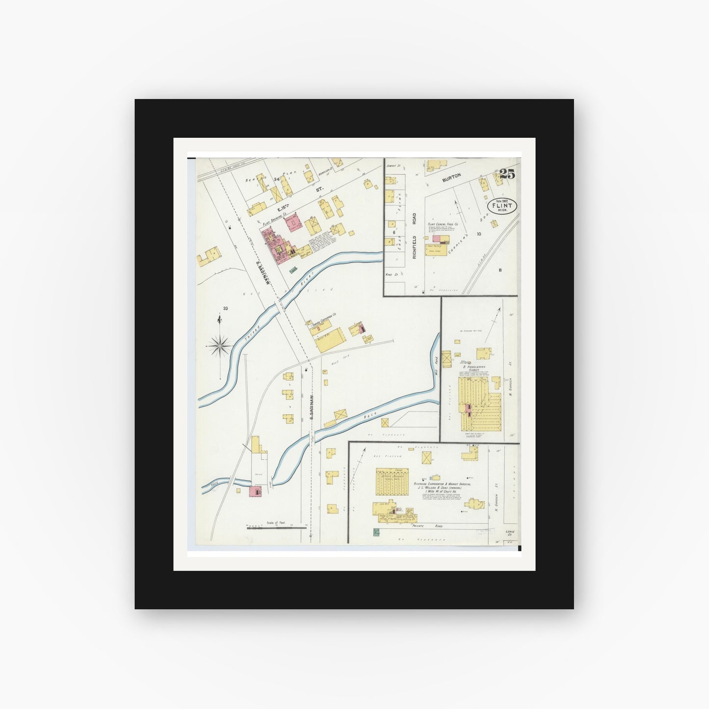 Old map wall art mockup — black gallery frame with white mat — Sanborn Fire Insurance Map from Flint, Genesee County, Michigan (1902), Sheet #0025