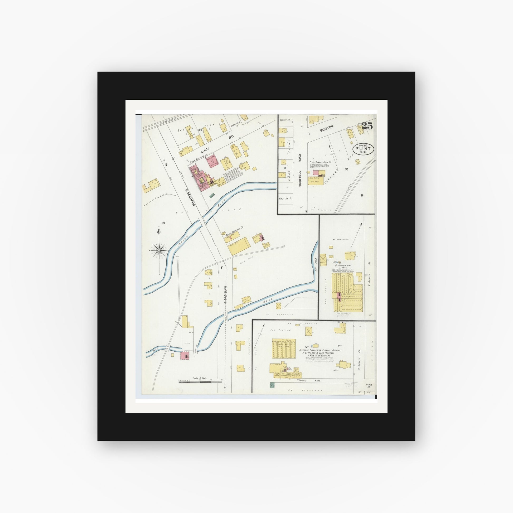 Old map wall art mockup — black gallery frame with white mat — Sanborn Fire Insurance Map from Flint, Genesee County, Michigan (1902), Sheet #0025