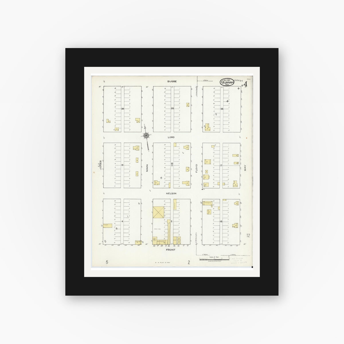 Old map wall art mockup — black gallery frame with white mat — Sanborn Fire Insurance Map from Quanah, Hardeman County, Texas (1921), Sheet #0004