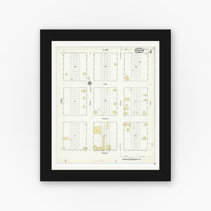Old map wall art mockup — black gallery frame with white mat — Sanborn Fire Insurance Map from Quanah, Hardeman County, Texas (1921), Sheet #0004