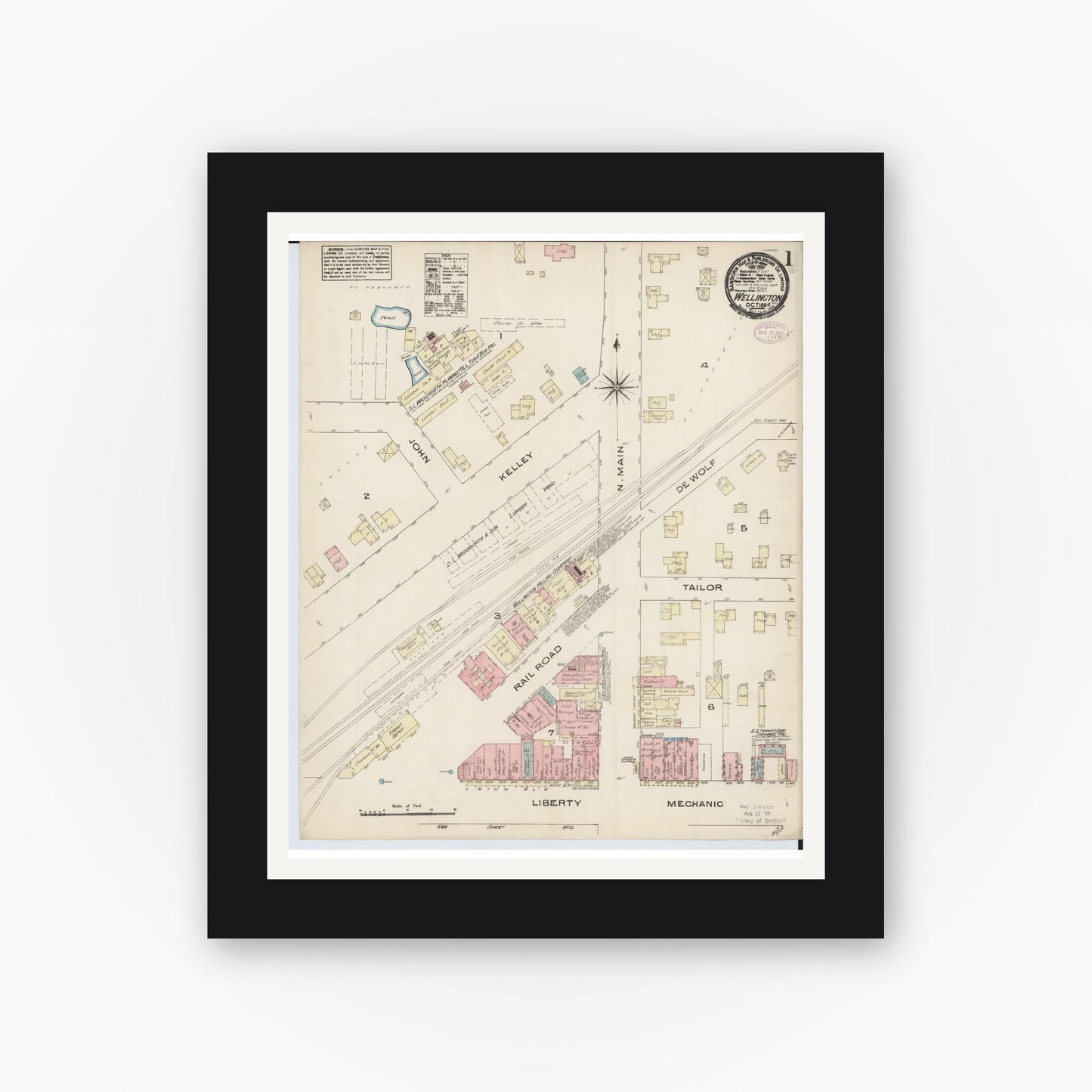 Old map wall art mockup — black gallery frame with white mat — Sanborn Fire Insurance Map from Wellington, Lorain County, Ohio (1884) - Complete Map Set