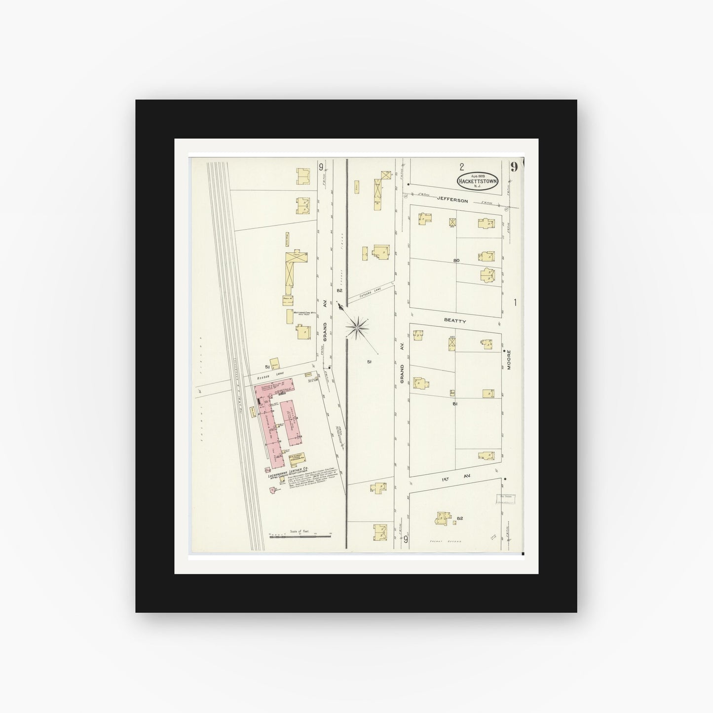 Old map wall art mockup — black gallery frame with white mat — Sanborn Fire Insurance Map from Hackettstown, Warren County, New Jersey (1909), Sheet #0009