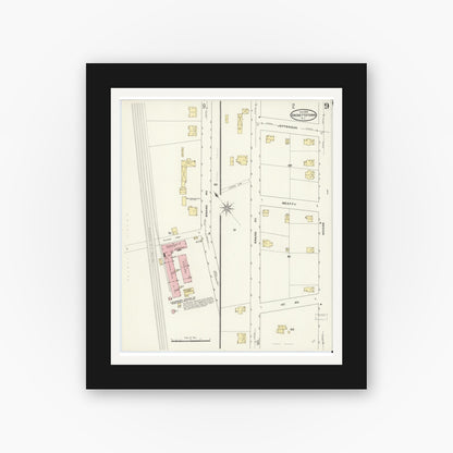 Old map wall art mockup — black gallery frame with white mat — Sanborn Fire Insurance Map from Hackettstown, Warren County, New Jersey (1909), Sheet #0009