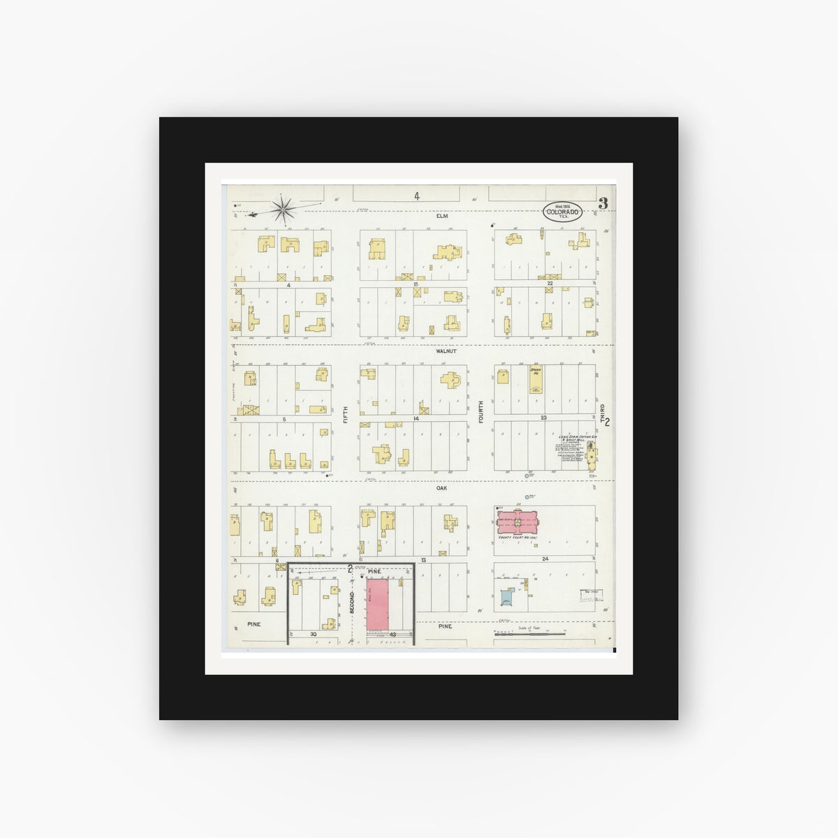 Old map wall art mockup — black gallery frame with white mat — Sanborn Fire Insurance Map from Colorado, Mitchell County, Texas (1902), Sheet #0003