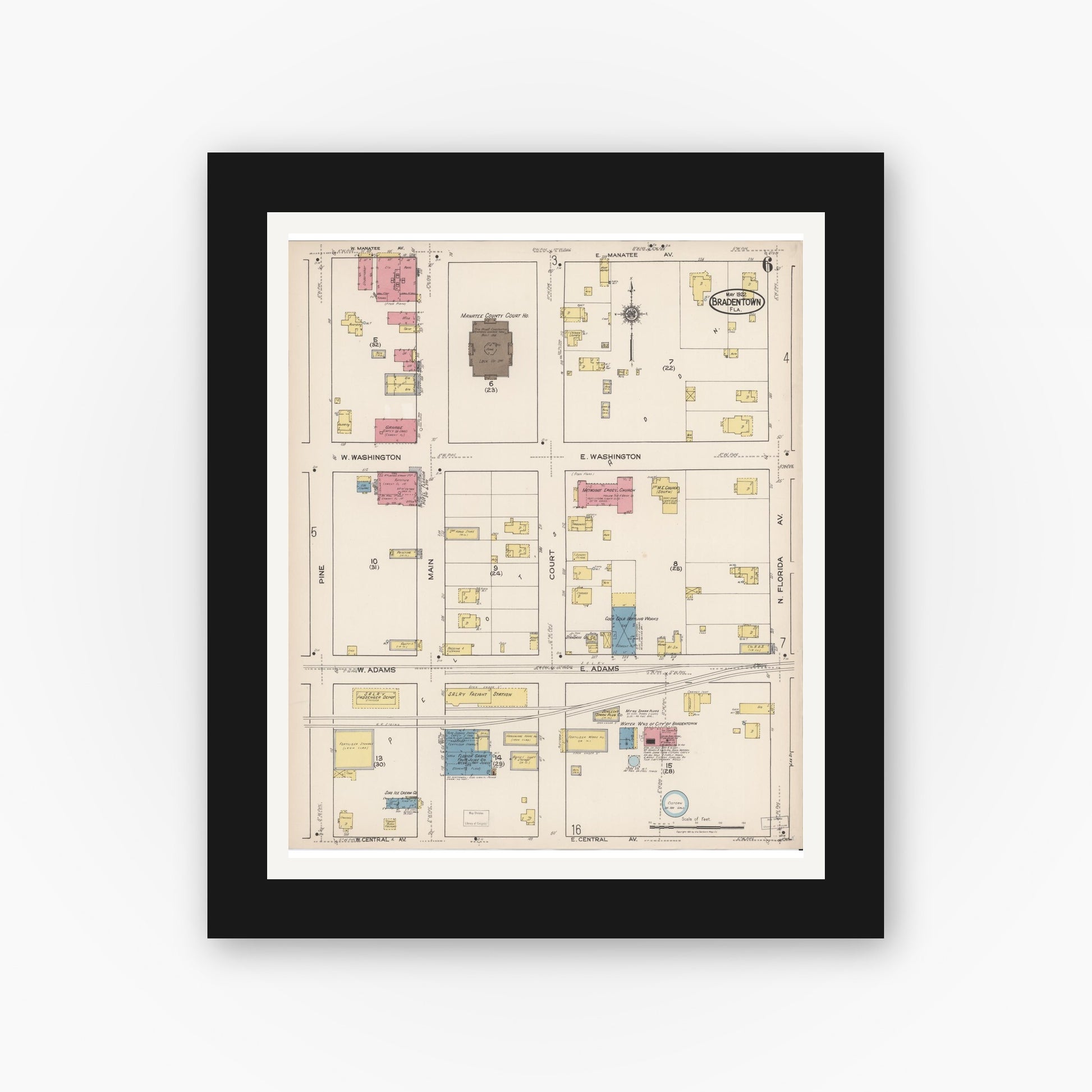 Old map wall art mockup — black gallery frame with white mat — Sanborn Fire Insurance Map from Bradentown, Manatee County, Florida (1922), Sheet #0006