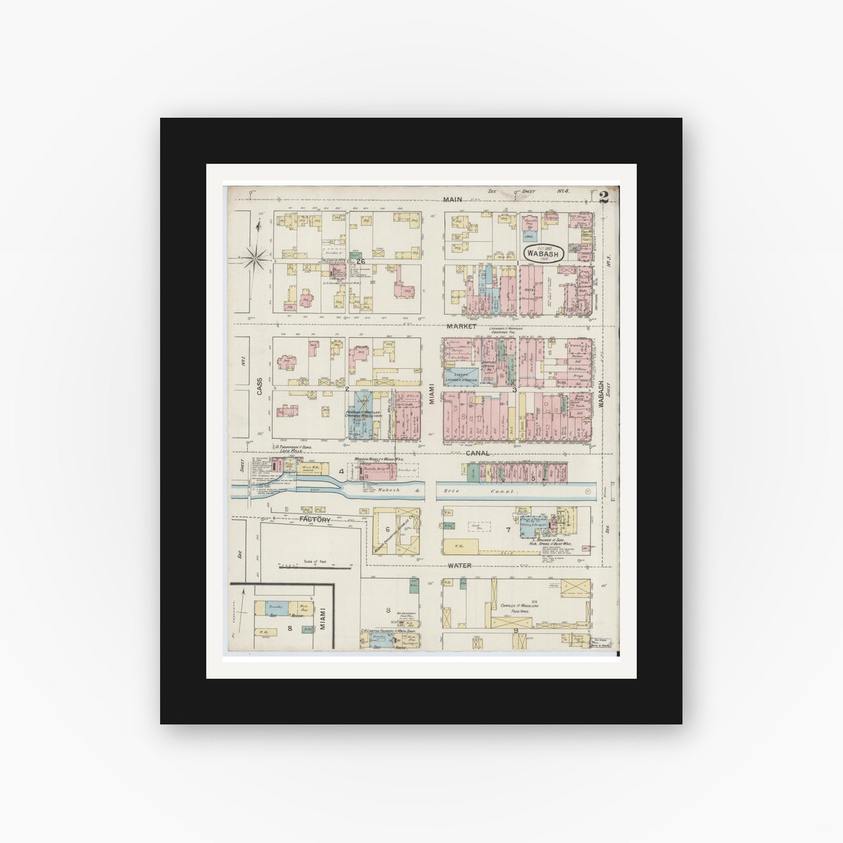 Old map wall art mockup — black gallery frame with white mat — Sanborn Fire Insurance Map from Wabash, Wabash County, Indiana (1887), Sheet #0002