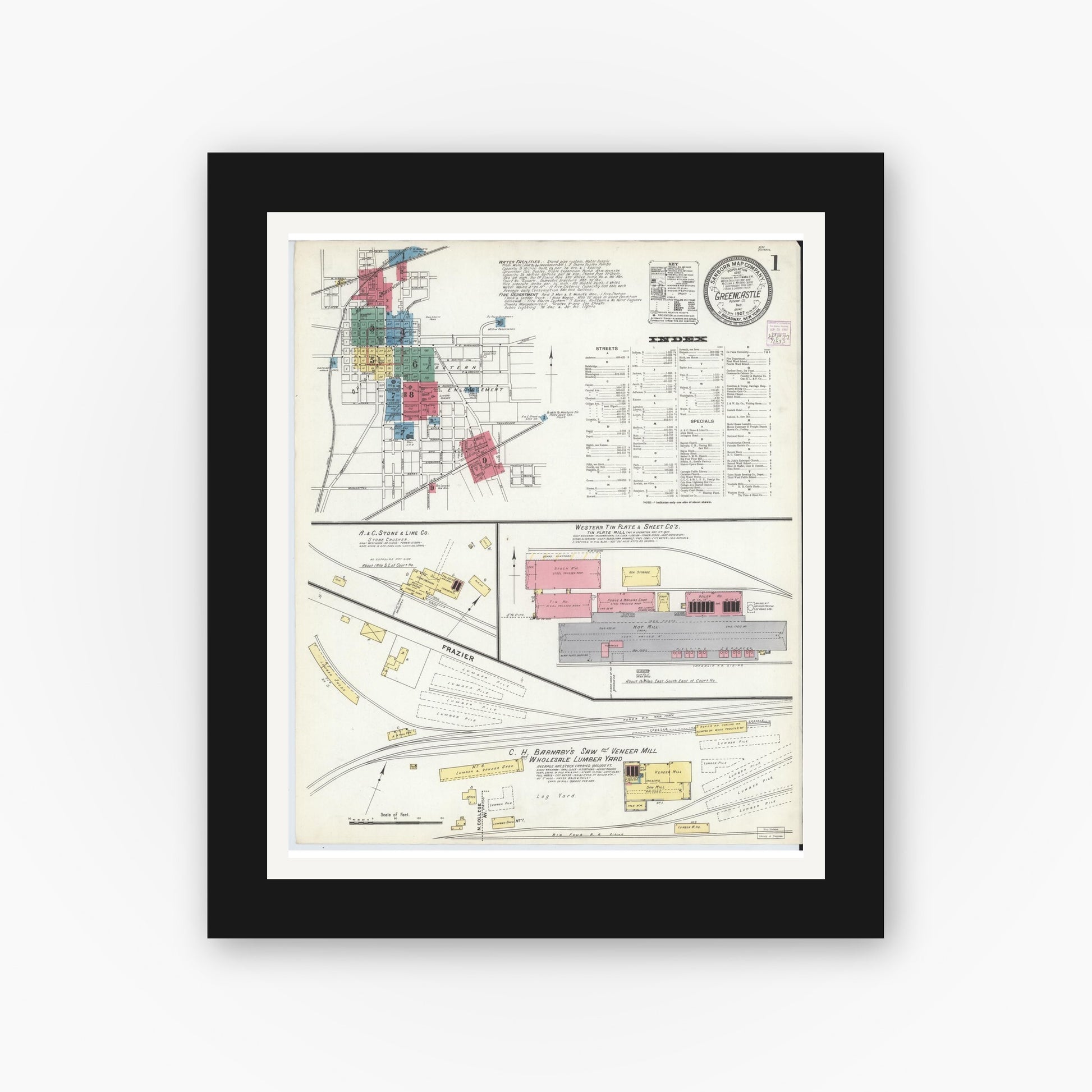 Old map wall art mockup — black gallery frame with white mat — Sanborn Fire Insurance Map from Greencastle, Putnam County, Indiana (1907) - Complete Map Set