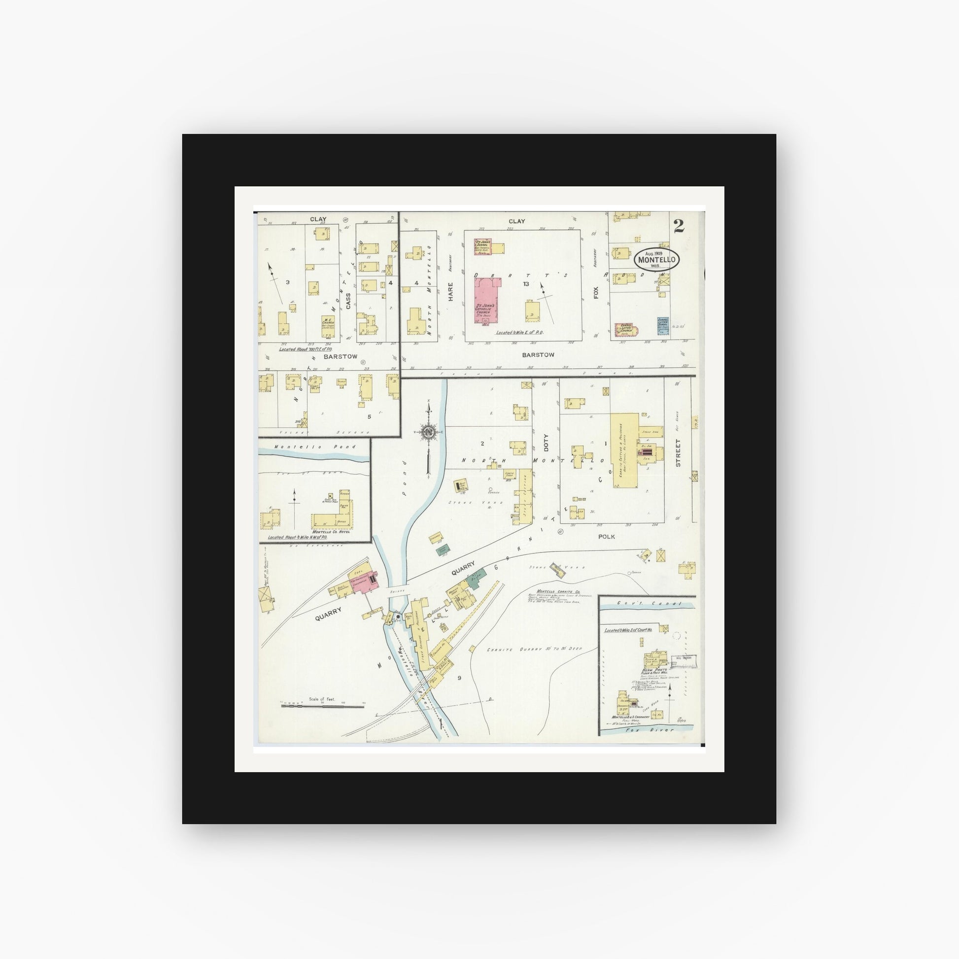 Old map wall art mockup — black gallery frame with white mat — Sanborn Fire Insurance Map from Montello, Marquette County, Wisconsin (1909), Sheet #0002