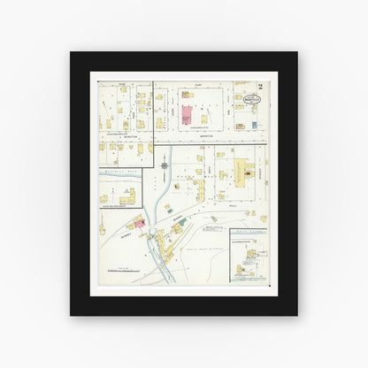 Old map wall art mockup — black gallery frame with white mat — Sanborn Fire Insurance Map from Montello, Marquette County, Wisconsin (1909), Sheet #0002