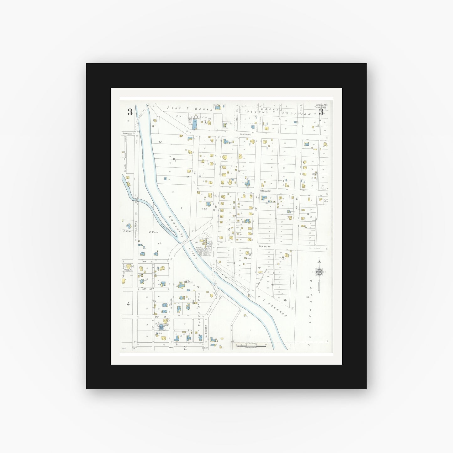 Old map wall art mockup — black gallery frame with white mat — Sanborn Fire Insurance Map from Mason, Mason County, Texas (1936), Sheet #0003