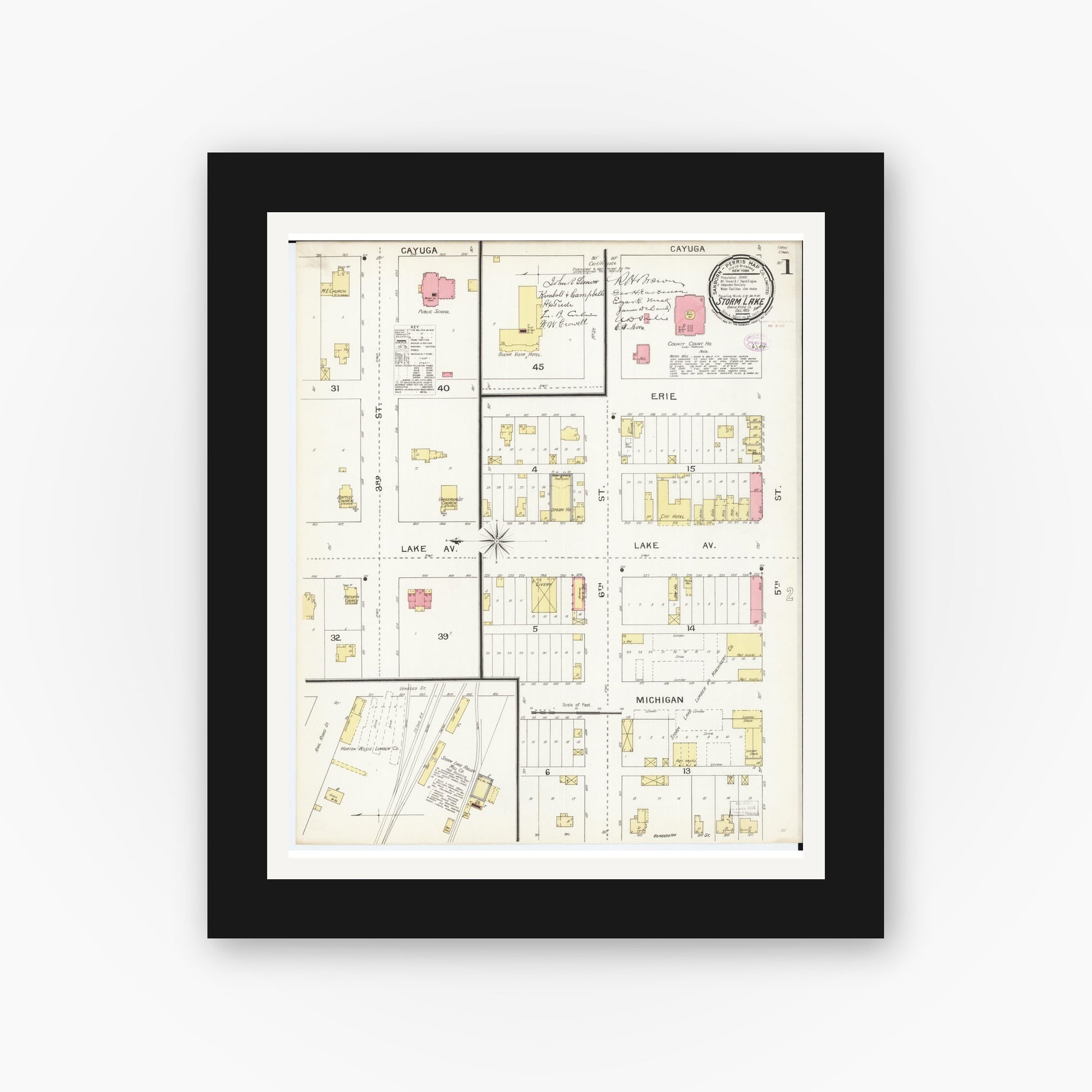 Old map wall art mockup — black gallery frame with white mat — Sanborn Fire Insurance Map from Storm Lake, Buena Vista County, Iowa (1893), Sheet #0001