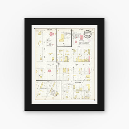 Old map wall art mockup — black gallery frame with white mat — Sanborn Fire Insurance Map from Storm Lake, Buena Vista County, Iowa (1893), Sheet #0001