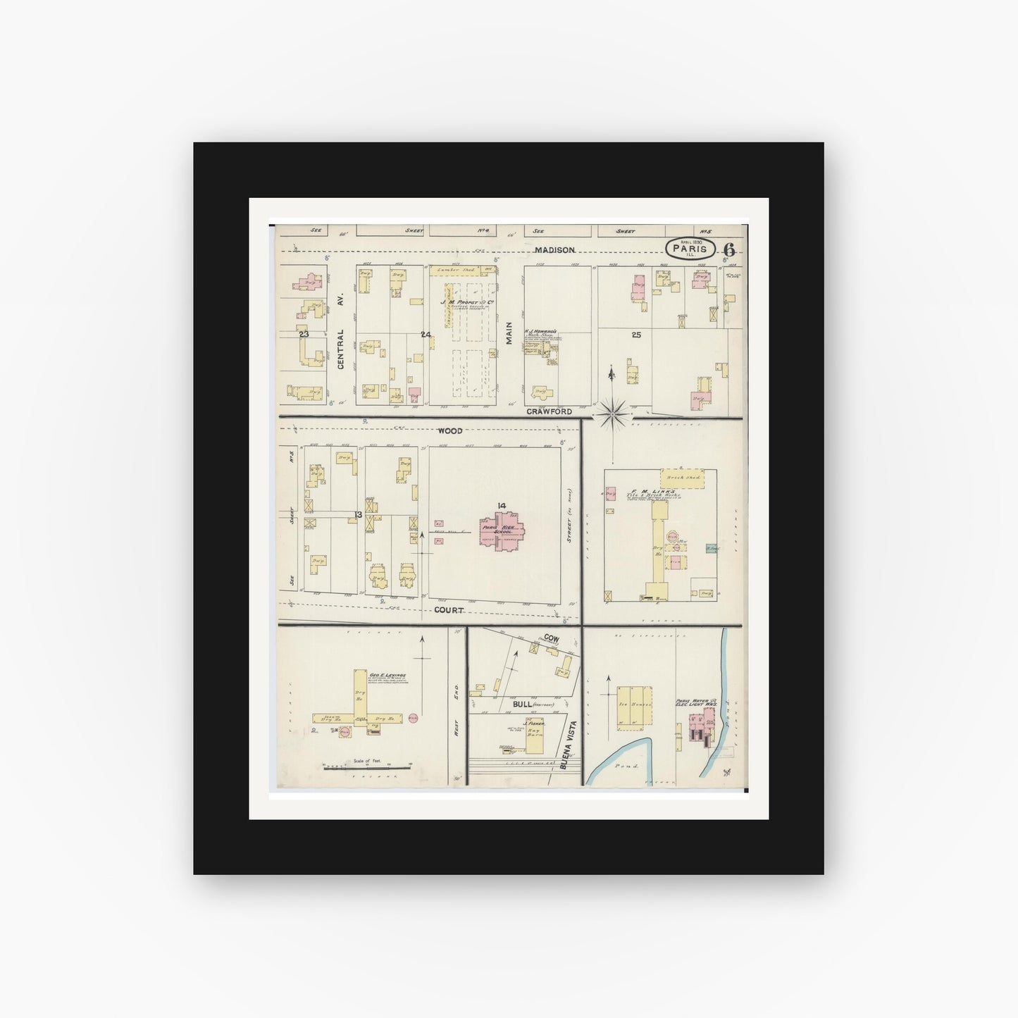 Old map wall art mockup — black gallery frame with white mat — Sanborn Fire Insurance Map from Paris, Edgar County, Illinois (1890), Sheet #0006