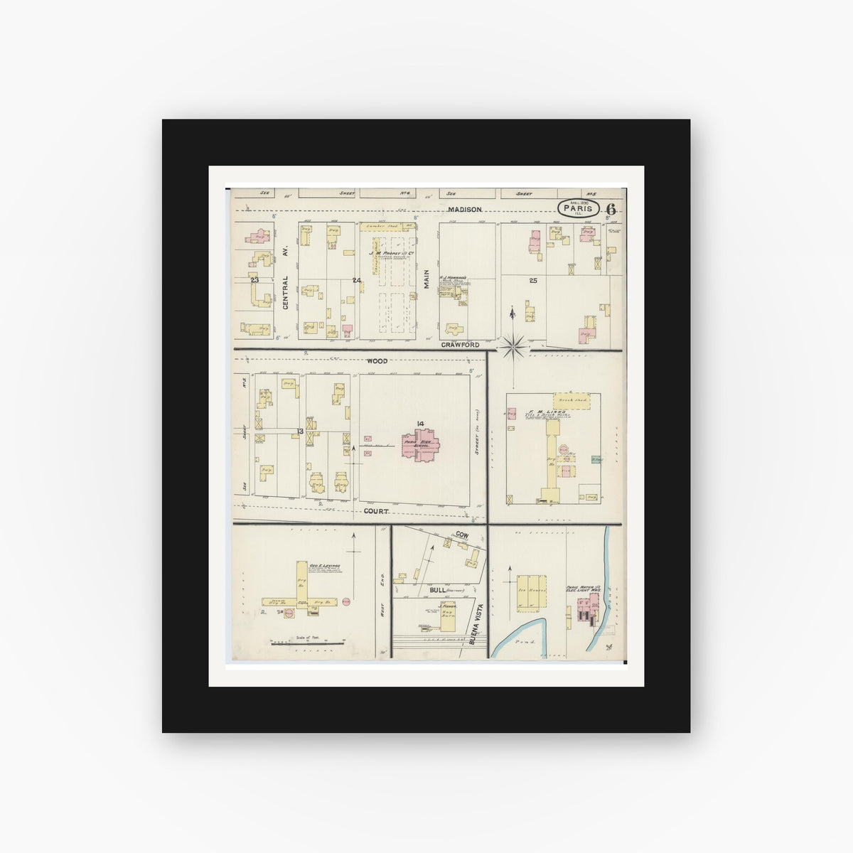 Old map wall art mockup — black gallery frame with white mat — Sanborn Fire Insurance Map from Paris, Edgar County, Illinois (1890), Sheet #0006