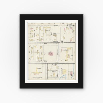 Old map wall art mockup — black gallery frame with white mat — Sanborn Fire Insurance Map from Paris, Edgar County, Illinois (1890), Sheet #0006
