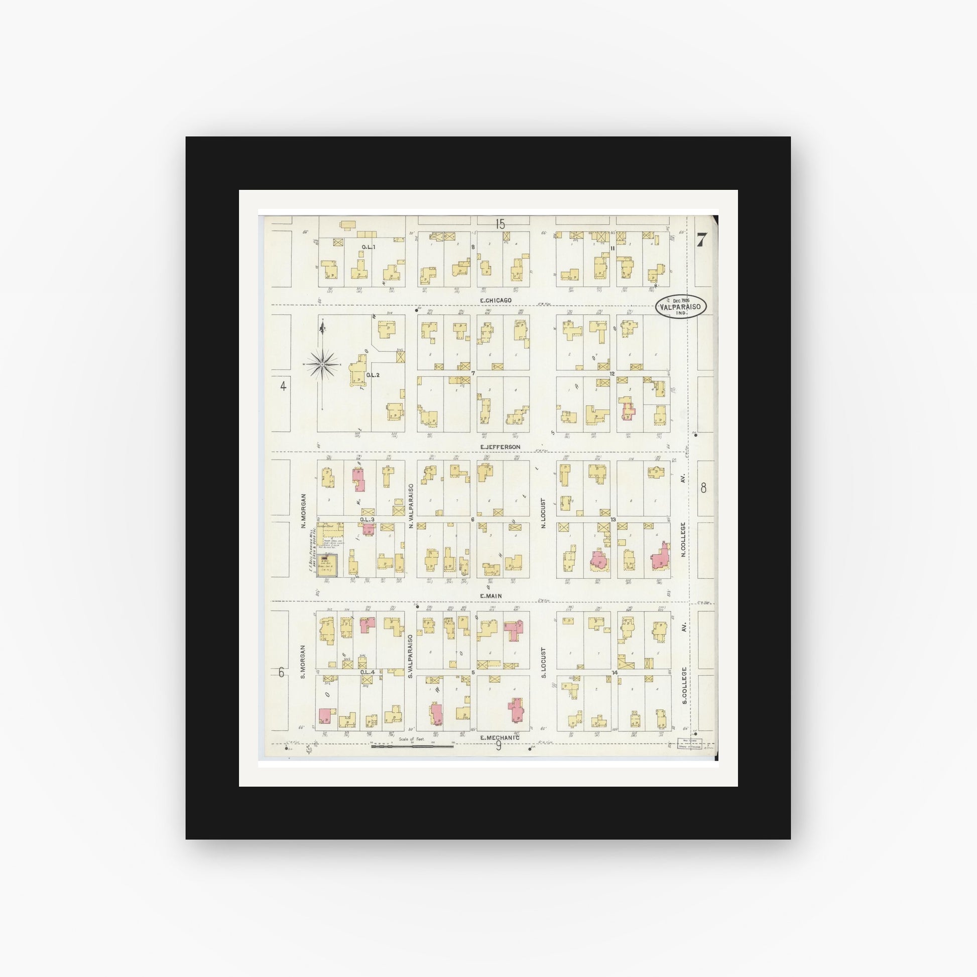 Old map wall art mockup — black gallery frame with white mat — Sanborn Fire Insurance Map from Valparaiso, Porter County, Indiana (1905), Sheet #0007