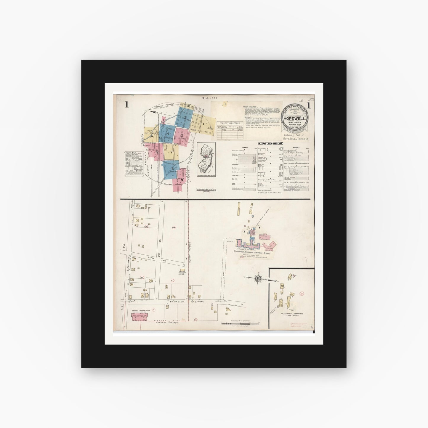 Old map wall art mockup — black gallery frame with white mat — Sanborn Fire Insurance Map from Hopewell, Mercer County, New Jersey (1935) - Complete Map Set