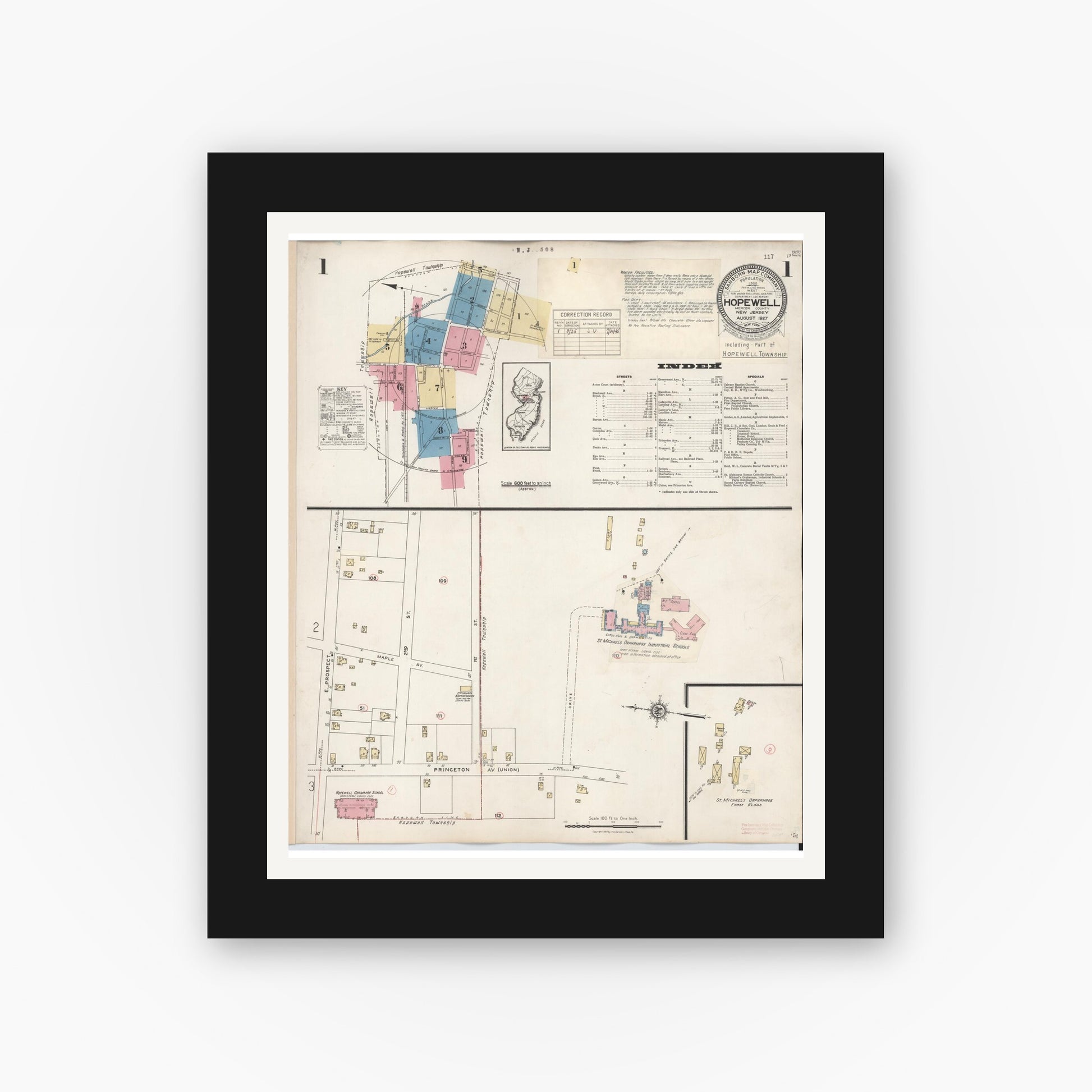 Old map wall art mockup — black gallery frame with white mat — Sanborn Fire Insurance Map from Hopewell, Mercer County, New Jersey (1935) - Complete Map Set