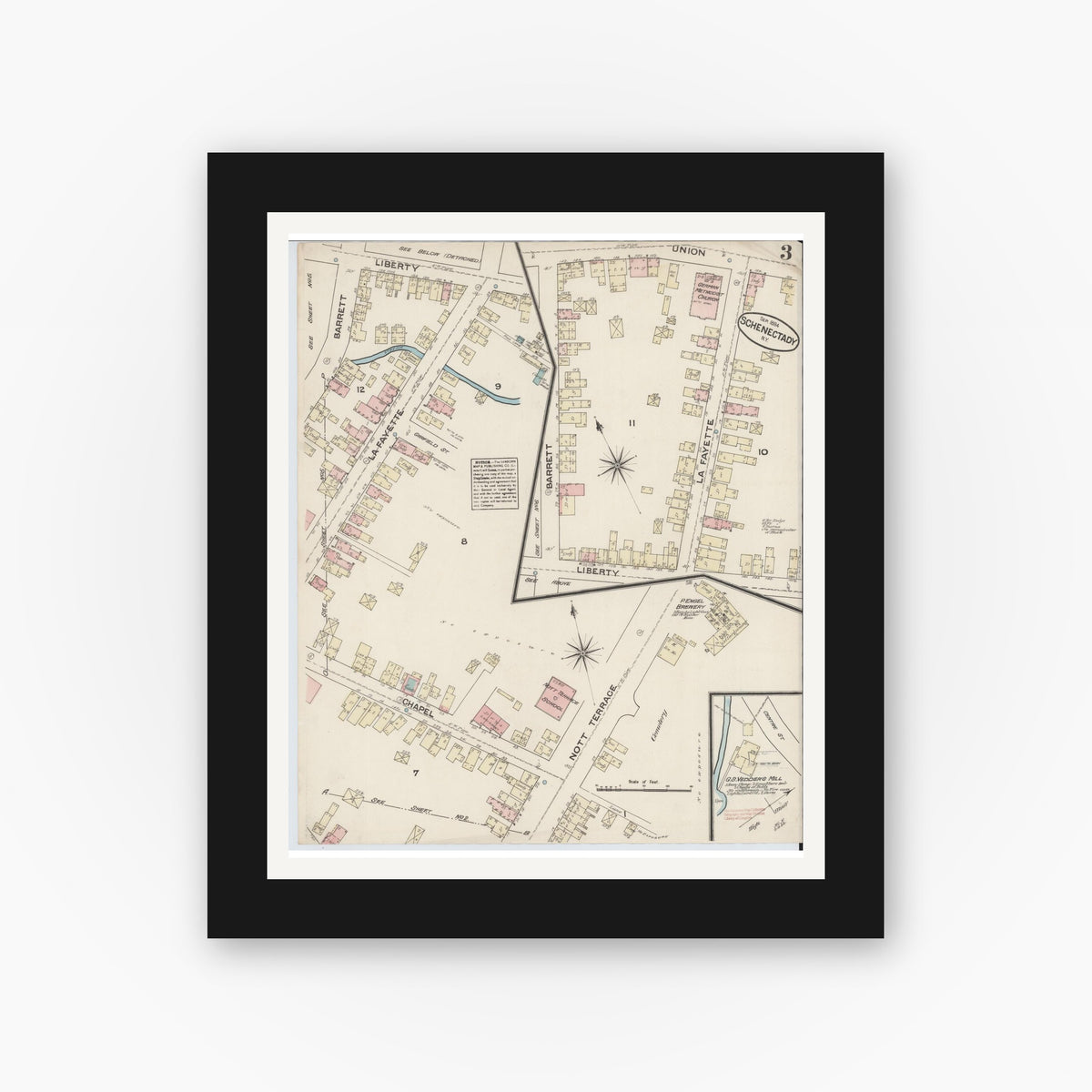 Old map wall art mockup — black gallery frame with white mat — Sanborn Fire Insurance Map from Schenectady, Schenectady County, New York (1884), Sheet #0003