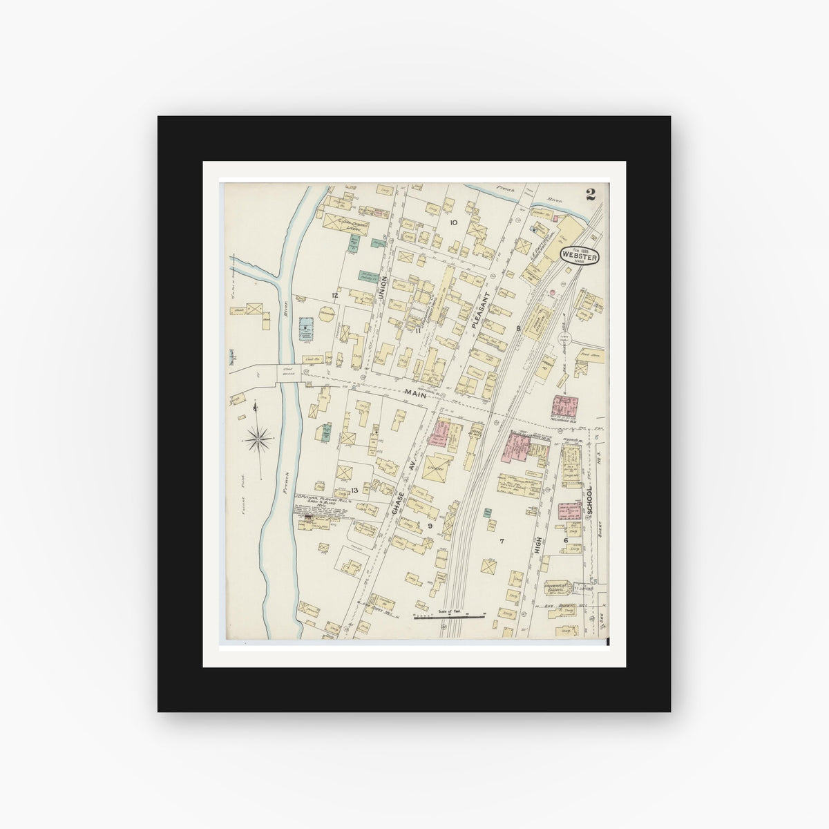 Old map wall art mockup — black gallery frame with white mat — Sanborn Fire Insurance Map from Webster, Worcester County, Massachusetts (1888), Sheet #0002