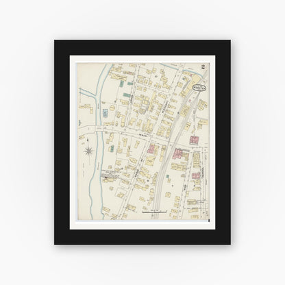 Old map wall art mockup — black gallery frame with white mat — Sanborn Fire Insurance Map from Webster, Worcester County, Massachusetts (1888), Sheet #0002
