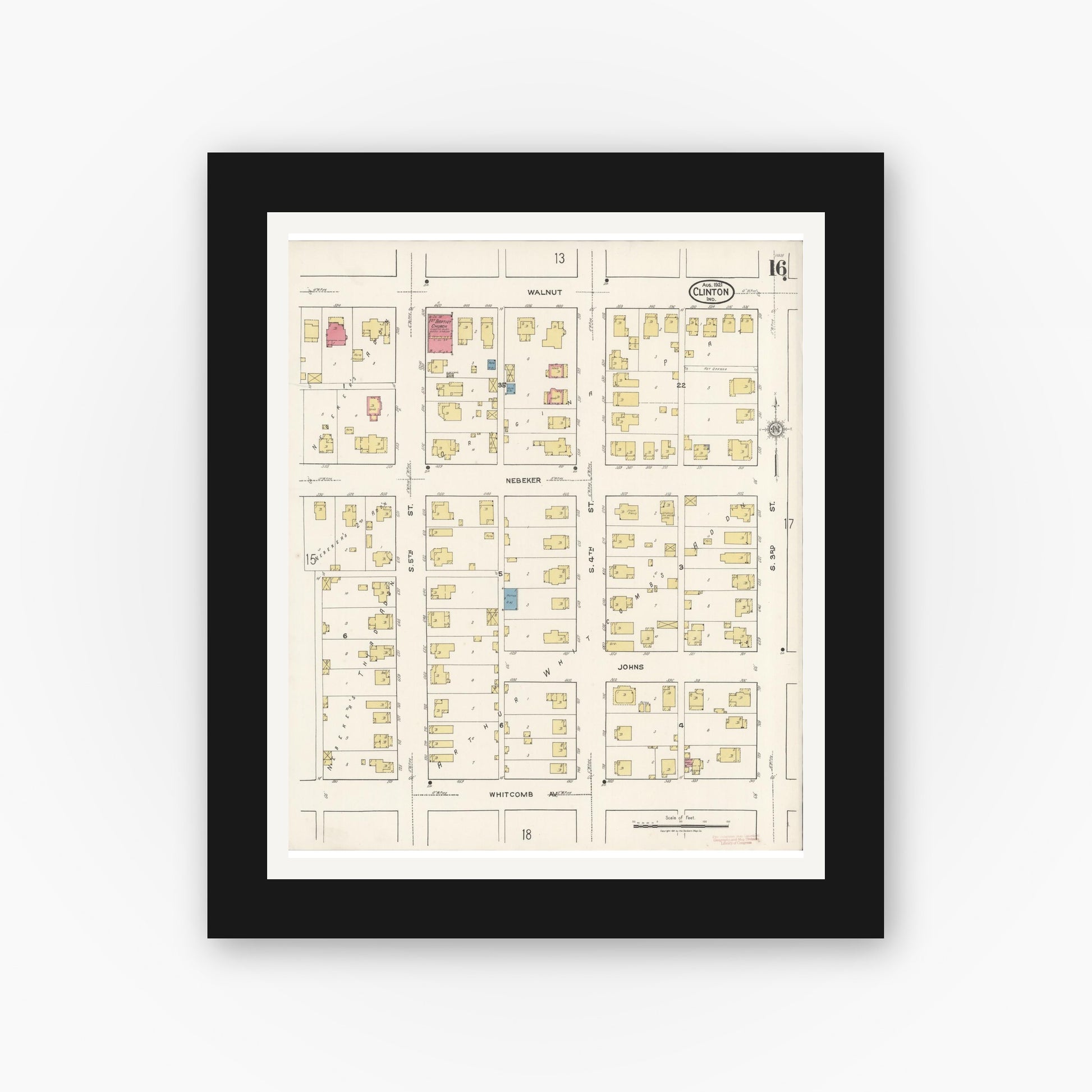 Old map wall art mockup — black gallery frame with white mat — Sanborn Fire Insurance Map from Clinton, Vermillion County, Indiana (1921), Sheet #0016
