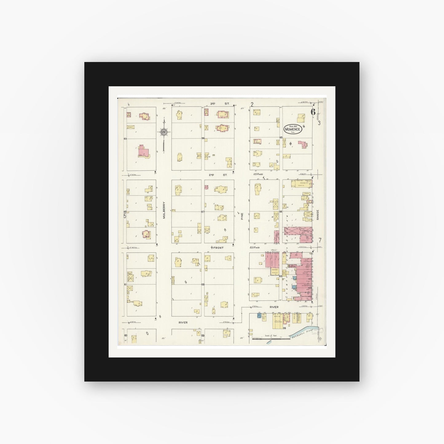 Old map wall art mockup — black gallery frame with white mat — Sanborn Fire Insurance Map from Momence, Kankakee County, Illinois (1913), Sheet #0006