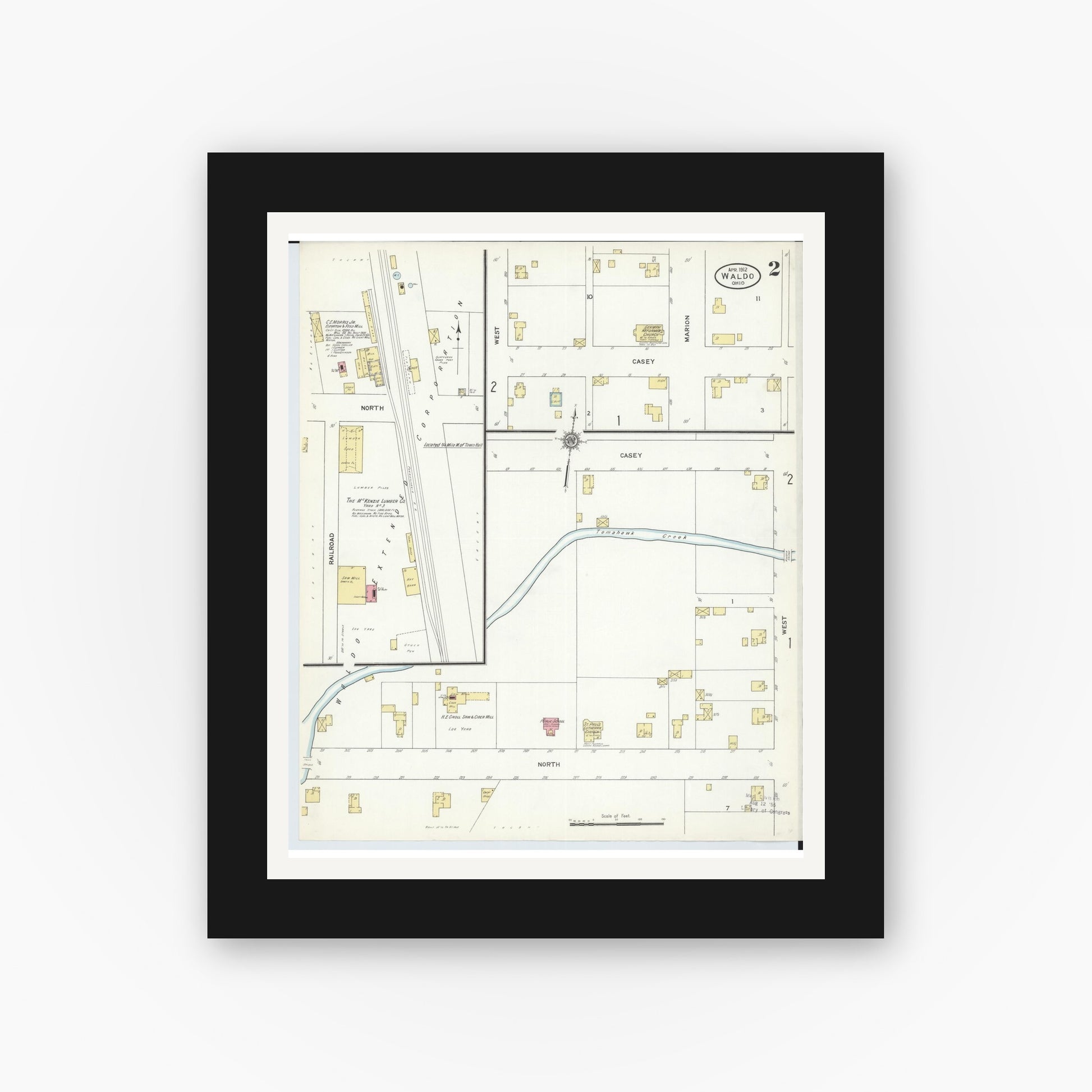 Old map wall art mockup — black gallery frame with white mat — Sanborn Fire Insurance Map from Waldo, Marion County, Ohio (1912), Sheet #0002